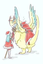 Rule 34 | 1boy, 1girl, antlers, aqua hair, bad id, bad twitter id, brother and sister, cape, commentary request, dragon, eirika (fire emblem), eirika (winter) (fire emblem), ephraim (fire emblem), ephraim (winter) (fire emblem), fae (fire emblem), fae (winter) (fire emblem), fire emblem, fire emblem: the binding blade, fire emblem: the sacred stones, fire emblem heroes, from behind, fur trim, hat, holding, holding staff, horns, long hair, murabito ba, nintendo, pom pom (clothes), red hat, reindeer antlers, riding, santa costume, santa hat, siblings, simple background, sleeping, staff, standing, white background, wings