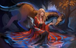 Rule 34 | 1girl, blonde hair, breasts, cleavage, dragon, original, red eyes, sakimichan, sketch, solo, unfinished