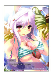 Rule 34 | 1girl, animal ears, aqua bikini, bangle, beach, belly, between breasts, bikini, blush, bracelet, breasts, corn dog, english text, engrish text, fake screenshot, female focus, food, front-tie bikini top, front-tie top, hair ornament, hairpin, highres, ice cream, jewelry, large breasts, long hair, looking at viewer, morogami ryou, navel, open mouth, outdoors, rabbit ears, ranguage, reisen udongein inaba, sexually suggestive, solo, striped bikini, striped clothes, swimsuit, text focus, tongue, tongue out, touhou, translation request, underboob, visual novel