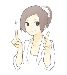 Rule 34 | 1girl, bad id, bad pixiv id, brown hair, grin, lab coat, looking at viewer, original, poaro, pointing, pointing finger, pointing up, ponytail, scrunchie, sketch, sleeves pushed up, smile, solo, sparkle, upper body, v-neck, white background