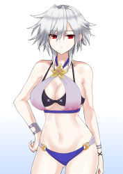 Rule 34 | 1girl, bare shoulders, belly, bikini, bracelet, breasts, cleavage, gluteal fold, gradient background, hair between eyes, hand on own hip, highres, jewelry, large breasts, legs, midriff, navel, neck, neptune (series), paid reward available, red eyes, s-sha, shin jigen game neptune vii, short hair, silver hair, solo, swimsuit, thighs, zatsu
