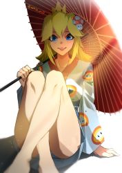 Rule 34 | 1girl, arm support, bare legs, barefoot, blonde hair, blue eyes, breasts, commentary, crossed legs, crown, english commentary, feet out of frame, floral print, highres, holding, holding umbrella, japanese clothes, kimono, kuno (runkunochan), leaning back, legs, lipstick, long sleeves, looking at viewer, makeup, mario (series), medium breasts, medium hair, nintendo, oil-paper umbrella, panties, pantyshot, parted lips, princess peach, print kimono, red lips, red umbrella, shadow, sidelocks, simple background, sitting, solo, striped clothes, striped panties, umbrella, underwear, yukata