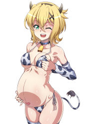 Rule 34 | 1girl, akatsuki kirika, animal print, bare shoulders, bell, bikini, blonde hair, blush, breasts, breasts squeezed together, collar, covered erect nipples, cow girl, cow horns, cow print, cow tail, cowbell, cowboy shot, green eyes, hair between eyes, hair ornament, heart, heart tattoo, highres, horns, legs together, looking at viewer, medium breasts, navel, neck bell, one eye closed, open mouth, pregnant, print bikini, pubic tattoo, senki zesshou symphogear, shiny skin, short hair, simple background, skindentation, solo, standing, swimsuit, syunzou, tail, tattoo, teeth, thighhighs, undressing, untied bikini, white background, x hair ornament