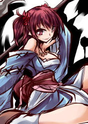 Rule 34 | 1girl, breasts, cleavage, hair ribbon, hemogurobin a1c, japanese clothes, kimono, large breasts, obi, off shoulder, onozuka komachi, polearm, red eyes, red hair, ribbon, sash, smile, solo, touhou, two side up, weapon