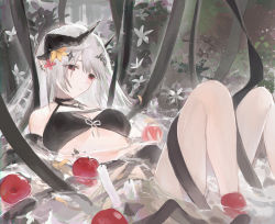 Rule 34 | 1girl, absurdres, apple, arknights, bare legs, bikini, bikini top only, black bikini, blush, breasts, candle, cleavage, commentary, dal-gi, dot nose, empty eyes, feet out of frame, flower, food, fruit, highres, holding, holding food, holding fruit, horns, long hair, looking afar, lying, material growth, medium breasts, mudrock (arknights), mudrock (silent night) (arknights), on back, oripathy lesion (arknights), outdoors, partially submerged, red eyes, solo, swimsuit, tree, white flower