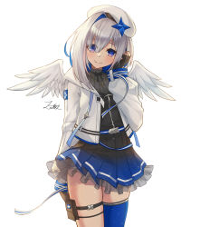 Rule 34 | 1girl, amane kanata, amane kanata (work), angel wings, asymmetrical hair, beret, black gloves, black shirt, black thighhighs, blue eyes, blue hair, blush, closed mouth, colored inner hair, commentary request, cowboy shot, drawstring, eyes visible through hair, feathered wings, fingerless gloves, frilled skirt, frills, gloves, gradient skirt, hair between eyes, hair over one eye, hat, highres, hololive, hood, hood down, hooded jacket, jacket, jewelry, long hair, long sleeves, looking at viewer, multicolored hair, necklace, open clothes, open jacket, pink hair, pleated skirt, shirt, signature, silver hair, simple background, single thighhigh, skirt, smile, solo, standing, streaked hair, thigh strap, thighhighs, virtual youtuber, white background, white hat, white jacket, wings, z.m. (zimin)