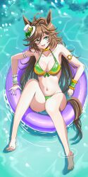 Rule 34 | 1girl, absurdres, ahoge, alternate costume, animal ears, aqua eyes, armlet, armpits, barefoot, bikini, breasts, brown hair, cleavage, commentary request, front-tie bikini top, front-tie top, full body, green bikini, green nails, hair between eyes, hair ornament, hairclip, hat, highres, horse ears, horse girl, horse tail, innertube, large breasts, long hair, looking at viewer, mini hat, mini top hat, mr. c.b. (umamusume), nail polish, navel, open mouth, outdoors, purple innertube, scrunchie, smile, solo, swim ring, swimsuit, tail, teeth, tilted headwear, top hat, tsukiyuki mike, umamusume, upper teeth only, water, white hat, wrist scrunchie