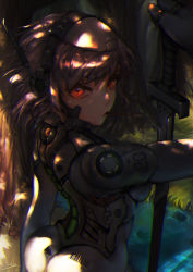 Rule 34 | 1girl, android, arm at side, armor, ass, brown hair, cable, cowboy shot, cyborg, dappled sunlight, dated, day, eyelashes, food, forest, from above, from behind, grass, hand up, headgear, headphones, highres, holding, holding sword, holding weapon, lize cai, looking at viewer, mouth hold, nature, original, outdoors, pocky, red eyes, river, short hair, signature, solo, sunlight, sword, tree, water, weapon