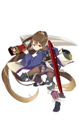 Rule 34 | 1girl, bottle, brown hair, full body, hair ornament, holding, holding weapon, kiya machi, knife, long hair, official art, orange eyes, oshiro project:re, oshiro project:re, pantyhose, ponytail, transparent background, very long hair, water bottle, weapon, yoita (oshiro project)