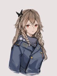 Rule 34 | 1girl, absurdres, blue jacket, braid, closed mouth, commentary, girls&#039; frontline, grey scarf, hair ornament, highres, jacket, light brown hair, lithographica, long hair, looking at viewer, parted lips, red eyes, scarf, solo, sp9 (girls&#039; frontline), uniform, upper body, white background
