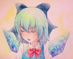 Rule 34 | 1girl, blue eyes, blue hair, bow, cirno, closed eyes, hair bow, ice, ice wings, matching hair/eyes, open mouth, painting (medium), solo, touhou, traditional media, watercolor (medium), wings, yuyu (00365676)