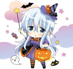 Rule 34 | 1girl, alternate costume, bad id, bad pixiv id, bat (animal), black cat, blue eyes, candy, cat, chibi, cloud, commentary request, dress, food, full body, ghost, hat, hibiki (kancolle), highres, hizuki yayoi, jack-o&#039;-lantern, kantai collection, long hair, pantyhose, purple dress, silver hair, solo, standing, striped clothes, striped legwear, striped pantyhose, triangle mouth, wand, witch hat