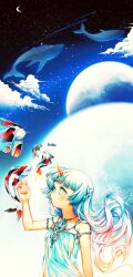 Rule 34 | 1girl, armlet, bare arms, bare shoulders, blue dress, blue eyes, blue hair, blunt bangs, braid, cloud, commentary, crescent moon, dress, english commentary, fish, flying fish, gradient hair, horns, jewelry, koi, light blush, long hair, looking at animal, moon, multicolored hair, necklace, orange horns, original, outstretched hand, parted lips, petting, planet, satchely, side braid, single horn, solo, space, star (sky), strapless, strapless dress, unicorn horn, upper body, very long hair, whale