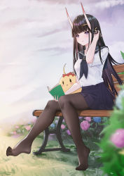 Rule 34 | 1girl, azur lane, black hair, black pantyhose, blue flower, blue neckerchief, blue sailor collar, blue skirt, blunt bangs, blurry, blurry foreground, book, bow, breasts, commentary request, depth of field, feet, flower, full body, grass, hair ornament, hand in own hair, hand up, highres, holding, holding book, horns, hydrangea, lim (ramu), long hair, looking at viewer, manjuu (azur lane), medium breasts, miniskirt, neckerchief, no shoes, noshiro (azur lane), on bench, oni, oni horns, open book, outdoors, pantyhose, parted lips, pleated skirt, purple eyes, purple flower, red bow, sailor collar, shirt, short sleeves, sitting, skirt, solo, very long hair, white shirt