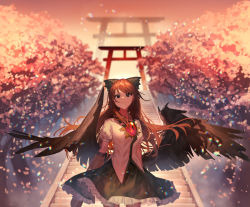 Rule 34 | 1girl, arch, arms at sides, black wings, blurry, bow, brown hair, cherry blossoms, chromatic aberration, cowboy shot, depth of field, feathered wings, frilled skirt, frills, green bow, green eyes, hair bow, highres, light particles, long hair, looking at viewer, medium skirt, motsuba, orange sky, outdoors, petals, puffy short sleeves, puffy sleeves, reiuji utsuho, serious, shirt, short sleeves, skirt, sky, solo, standing, third eye, torii, touhou, tree, twilight, very long hair, white shirt, wings