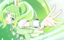 Rule 34 | 10s, 1girl, choker, cure march, dress, female focus, fingerless gloves, gloves, green dress, green eyes, green hair, green skirt, green theme, h-new, happy, highres, long hair, looking at viewer, matching hair/eyes, midorikawa nao, ponytail, precure, ribbon, shirt, skirt, smile, smile precure!, solo, tri tails, very long hair, wrist cuffs