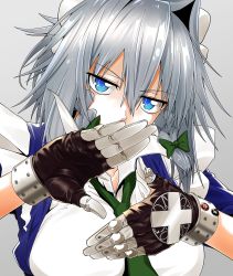 Rule 34 | 1girl, absurdres, blue eyes, bow, braid, breasts, gloves, greenkohgen, hair bow, highres, huge filesize, izayoi sakuya, large breasts, looking at viewer, maid, maid headdress, necktie, short hair, silver hair, simple background, solo, touhou, twin braids, white background