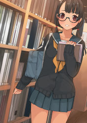Rule 34 | 1girl, :d, bag, black hair, book, bookshelf, brown eyes, doushimasho, glasses, holding, holding book, library, looking at viewer, low twintails, open mouth, original, pleated skirt, school bag, school uniform, serafuku, skirt, smile, solo, twintails
