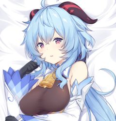 Rule 34 | 1girl, ahoge, bare shoulders, bed, bell, black gloves, blue hair, blush, breasts, commentary, detached sleeves, english commentary, ganyu (genshin impact), genshin impact, gloves, horns, kaxukin, long hair, looking at viewer, lying, medium breasts, neck bell, on back, parted lips, purple eyes, sidelocks, solo, upper body, white sleeves