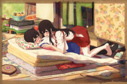 Rule 34 | 2girls, akagi (kancolle), blush, brown eyes, brown hair, commentary request, girl on top, holding hands, japanese clothes, kaga (kancolle), kantai collection, multiple girls, painting (medium), shijukara (great tit), straight hair, thighhighs, traditional media, watercolor (medium), yuri