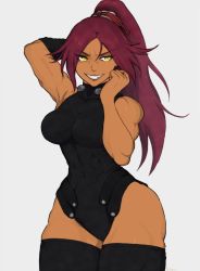 Rule 34 | 1girl, black leotard, bleach, breasts, commentary, cowboy shot, dark-skinned female, dark skin, english commentary, grin, highres, large breasts, leotard, long hair, looking at viewer, medium breasts, ponytail, purple hair, shihouin yoruichi, smile, solo, thighhighs, yellow eyes, yoracrab