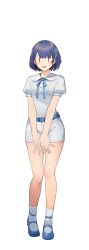 Rule 34 | 1girl, absurdres, belt, belt buckle, blue belt, blue footwear, blue hair, blue ribbon, blunt bangs, blush, buckle, cevio, collared shirt, commentary request, covering crotch, covering privates, dot nose, full body, hair ornament, hairclip, highres, looking at viewer, mary janes, neck ribbon, parted lips, psd available, puffy short sleeves, puffy sleeves, ribbon, shirinda fureiru, shirt, shirt tucked in, shoes, short hair, short shorts, short sleeves, shorts, simple background, socks, solo, standing, straight-on, suzuki tsudumi, sweat, tachi-e, transparent background, variant set, white shorts, white socks, | |