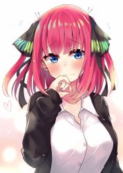 Rule 34 | 1girl, black cardigan, black ribbon, blue eyes, blunt bangs, blush, breasts, butterfly hair ornament, cardigan, collarbone, embarrassed, go-toubun no hanayome, hair ornament, hand to own mouth, heart, highres, large breasts, looking at viewer, multicolored nails, nail polish, nakano nino, open cardigan, open clothes, partially unbuttoned, pink hair, ribbon, simple background, sleeves past wrists, soramuko, sweatdrop, twintails, v-shaped eyebrows