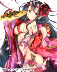Rule 34 | 1girl, bikini, bikini top only, black hair, blush, breasts, company name, copyright name, folding fan, from side, hair between eyes, hand fan, head tilt, highres, holding, holding fan, horns, japanese clothes, kimono, large breasts, long hair, mask, mask on head, matsuuni, ofuda, oni, oni horns, oni mask, open clothes, open kimono, parted lips, petals, pointy ears, red bikini, red eyes, red ribbon, ribbon, seirei fantasia, simple background, solo, sweat, swimsuit, very long hair, watermark, white background