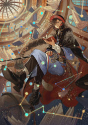 Rule 34 | 1boy, black cape, black headwear, blue eyes, blue kimono, book, bookshelf, boots, braid, brown footwear, brown hair, brown pants, cape, character request, closed mouth, commentary request, constellation, ear piercing, flower knot, frown, full body, globe, high heel boots, high heels, holding, holding book, japanese clothes, kimono, library, light particles, long hair, long sleeves, looking at viewer, male focus, onmyoji, open book, pants, piercing, red headwear, single braid, solo, tassel, tsubonari, very long hair, window