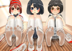 Rule 34 | 3girls, black hair, blue eyes, blush, brown eyes, brown hair, child, feet, foot focus, hands on own knees, hat, highres, kanokke, long hair, looking at viewer, low twintails, multiple girls, parted lips, ponytail, pov, see-through, shoes, unworn shoes, smell, smile, socks, soles, spread toes, steam, sweat, toe scrunch, toes, twintails, uwabaki, white legwear