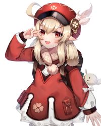 Rule 34 | 1girl, ahoge, backpack, bag, bag charm, blonde hair, blush, cabbie hat, charm (object), dress, genshin impact, hat, hat feather, highres, klee (genshin impact), linz (linzimmm), long hair, looking at viewer, low twintails, open mouth, pointy ears, red dress, red eyes, red hat, simple background, smile, solo, twintails, v over eye, white background