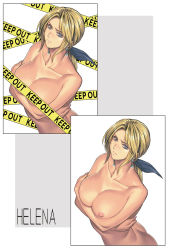 Rule 34 | 1girl, ass, blonde hair, blue eyes, blush, bow, breast hold, breasts, caution tape, censored, censored nipples, character name, collarbone, comparison, completely nude, convenient censoring, crossed arms, dead or alive, earrings, hair bow, helena douglas, highres, homare (fool&#039;s art), jewelry, keep out, large breasts, long hair, looking at viewer, nipples, nude, solo, tape censor