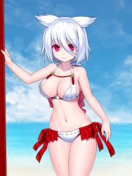Rule 34 | 1girl, animal ears, asamura hiori, bare arms, bare shoulders, bikini, blue sky, blush, breasts, closed mouth, cloud, collarbone, commentary request, day, hair between eyes, highres, horizon, large breasts, navel, ocean, original, outdoors, purple eyes, ribbon trim, silver hair, sky, smile, solo, standing, swimsuit, water, white bikini