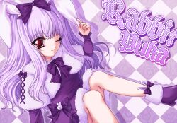 Rule 34 | 1girl, animal ears, boots, bow, capelet, commentary request, dress, fur-trimmed dress, fur trim, gore screaming show, hair bow, highres, long hair, looking at viewer, one eye closed, oyu (user knws7432), purple dress, purple hair, rabbit ears, red eyes, solo, yuka (gore screaming show)
