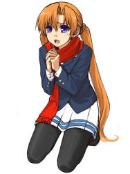 Rule 34 | 00s, 1girl, black pantyhose, blazer, crying, crying with eyes open, full body, hito, jacket, kneeling, long hair, open mouth, orange hair, own hands together, pantyhose, parted bangs, purple eyes, red scarf, sakuya (sister princess), scarf, school uniform, simple background, sister princess, skirt, solo, tears, twintails, very long hair, white background