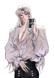 Rule 34 | 1boy, alternate costume, black pants, claws, cowboy shot, facial mark, fingernails, forehead mark, highres, holding, holding phone, hotaru01011, inuyasha, long hair, long sleeves, looking at viewer, male focus, pants, parted bangs, pectorals, phone, pointy ears, puffy long sleeves, puffy sleeves, selfie, sesshoumaru, sharp fingernails, shirt, solo, standing, taking picture, white background, white hair, white shirt, yellow eyes