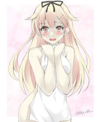 Rule 34 | 1girl, black ribbon, blonde hair, covering privates, embarrassed, gakky, hair flaps, hair ornament, hair ribbon, hairclip, kantai collection, long hair, looking at viewer, nude, nude cover, one-hour drawing challenge, red eyes, ribbon, solo, towel, upper body, wavy mouth, yuudachi (kancolle)