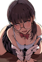 Rule 34 | 1girl, alpha-type, arm support, bare shoulders, black skirt, blush, bow, bowtie, bra, breasts, brown hair, cleavage, commentary request, glasses, hair over shoulder, highres, large breasts, licking lips, long hair, miniskirt, naughty face, nose blush, off shoulder, original, pleated skirt, red bow, red bowtie, red eyes, school uniform, shirt, simple background, skirt, tongue, tongue out, underwear, white background, white bra, white shirt