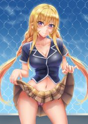 Rule 34 | 1girl, alternate costume, alternate hairstyle, blonde hair, blush, braid, breasts, brown skirt, chain-link fence, cleavage, closed mouth, clothes lift, collarbone, commentary, cowboy shot, cropped shirt, day, fence, highres, large breasts, legs apart, lifting own clothes, long hair, looking at viewer, midriff, nakiri erina, navel, outdoors, panties, pink panties, plaid, plaid skirt, pleated skirt, purple eyes, sakuya (liao kj), shirt, shokugeki no souma, short sleeves, skirt, skirt lift, sky, solo, standing, stomach, twin braids, underwear
