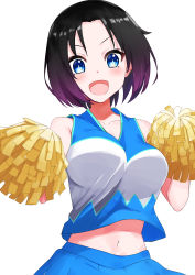 Rule 34 | 1girl, absurdres, blue eyes, breasts, cheerleader, collarbone, elma (maidragon), highres, isocha, kobayashi-san chi no maidragon, large breasts, looking at viewer, midriff, multicolored hair, navel, open mouth, pleated skirt, pom pom (cheerleading), short hair, simple background, skirt, smile, solo, two-tone hair, white background