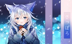 Rule 34 | 1girl, ahoge, animal ear fluff, animal ears, blue eyes, blue scarf, can, canned coffee, commentary request, commission, copyright request, drink can, ear piercing, fang, grey jacket, hair between eyes, hands up, highres, holding, holding can, jacket, long sleeves, looking at viewer, myusha, parted lips, piercing, plaid, plaid scarf, scarf, sign, sleeves past wrists, solo, sparkle, tears, translation request, upper body, virtual youtuber