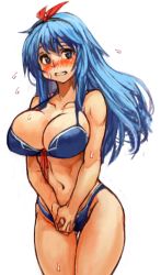 Rule 34 | 1girl, bikini, blue bikini, blue hair, blush, breasts, cleavage, hair ribbon, highleg, highleg bikini, kamishirasawa keine, large breasts, long hair, own hands together, parted lips, perky breasts, red eyes, ribbon, sachito, simple background, sketch, solo, swimsuit, thick thighs, thighs, touhou, white background
