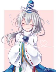 Rule 34 | 1girl, ^ ^, bad id, bad twitter id, blue hat, blue skirt, blush, closed eyes, facing viewer, green ribbon, grey hair, hair between eyes, hands in opposite sleeves, hat, heart, heart of string, japanese clothes, kariginu, long hair, mononobe no futo, open mouth, pink background, pom pom (clothes), ponytail, red ribbon, ribbon, ribbon-trimmed sleeves, ribbon trim, signature, skirt, sleeves past wrists, smile, solo, tate eboshi, touhou, turtleneck, upper body, wide sleeves, yukimiya (parupunta)