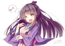 Rule 34 | 1girl, :d, ace attorney, black hair, blue eyes, hair bobbles, hair ornament, half updo, hizaka, japanese clothes, jewelry, kimono, long hair, looking at viewer, magatama, maya fey, musical note, necklace, open mouth, smile, solo, spoken musical note, twitter username, white background, wide sleeves