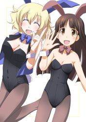 Rule 34 | 2girls, :d, ^ ^, animal ears, bare shoulders, blonde hair, blush, bow, bowtie, breasts, brown eyes, brown hair, cleavage, closed eyes, detached collar, closed eyes, fake animal ears, long hair, multiple girls, open clothes, open mouth, open vest, original, osamada meika, pantyhose, playboy bunny, rabbit ears, smile, vest, waving, wrist cuffs