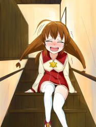 Rule 34 | 13-gou, 1girl, ahoge, blush, brown hair, crying, dress, hair ornament, hairband, lilka eleniak, long hair, low-tied long hair, open mouth, skirt, solo, thighhighs, twintails, white thighhighs, wild arms, wild arms 2, yellow hairband