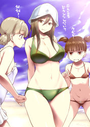 Rule 34 | 10s, 3girls, aki (girls und panzer), arms behind back, beach, bikini, blunt bangs, blush, bow, bow bikini, breast envy, breasts, brown eyes, brown hair, cleavage, clenched teeth, cloud, curvy, day, flat chest, girls und panzer, green bikini, groin, hair between eyes, hair ribbon, hat, inu (aerodog), japanese text, large breasts, long hair, looking at another, looking at viewer, mika (girls und panzer), mikko (girls und panzer), multiple girls, navel, ocean, one-piece swimsuit, outdoors, red bikini, red eyes, ribbon, sky, smile, standing, swimsuit, teeth, text focus, translated, twintails, white one-piece swimsuit, wide hips