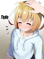 Rule 34 | 1boy, 1other, absurdres, age difference, blonde hair, blue eyes, blue sweater, child, commentary, eyebrows, fuwaja iru, hard-translated, headpat, highres, indoors, looking at viewer, looking up, male focus, open mouth, original, solo focus, sweater, third-party edit, third-party source, trap