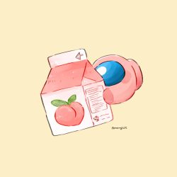 Rule 34 | 1other, among us, commentary, copyright name, english text, food, fruit, highres, holding carton, leaf, milk carton, mini crewmate (among us), peach, rose (among us), simple background, solo, symbol-only commentary, tenmiyakiyo, yellow background
