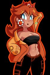 Rule 34 | 1girl, arm behind head, blue eyes, breasts, brown hair, cleavage, crown, earrings, fire flower, flower earrings, hand on own hip, highres, jacket, jewelry, large breasts, mario (series), midriff, model pose, navel, nintendo, open clothes, open jacket, princess daisy, robvemoo, shiny skin, solo, standing, super star (mario), super mario land, thighs, tomboy